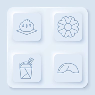 Kesme tahtasında Khinkali, Çiçek, karton kutuda Asya eriştesi, çubuk ve Çin şans kurabiyesi. Beyaz kare düğme. Vektör