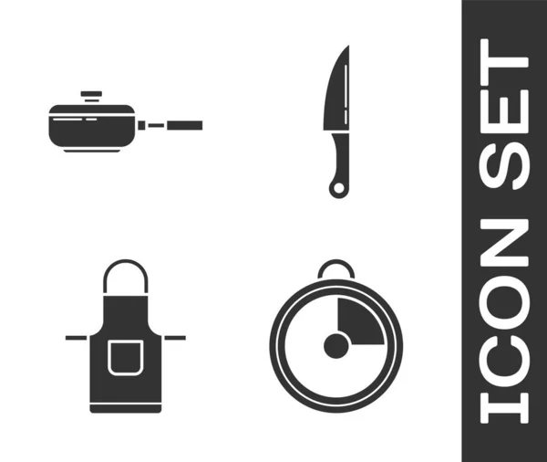 Set Küchenzeituhr Bratpfanne Küchenschürze Und Messer Symbol Vektor — Stockvektor