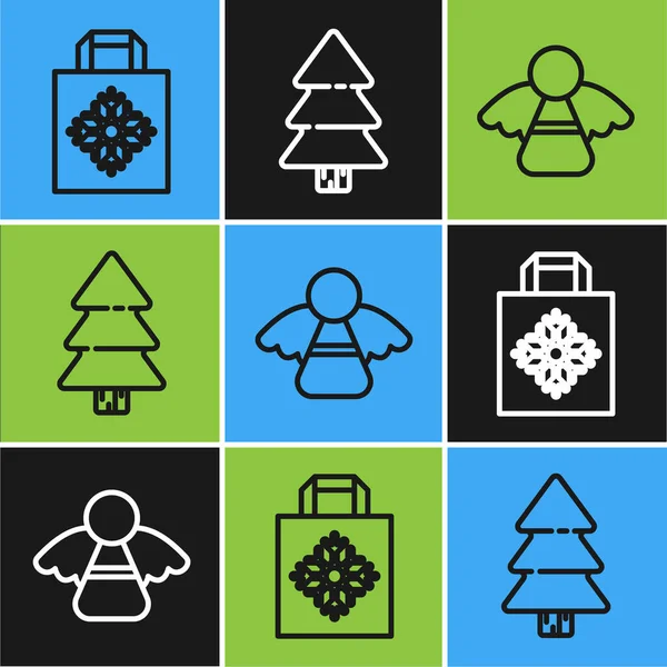Set Linie Weihnachtspapier Einkaufstasche Weihnachtsengel Und Weihnachtsbaum Symbol Vektor — Stockvektor