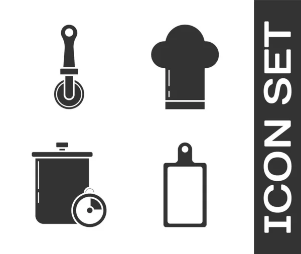 设置切菜板 比萨刀 烹调壶 厨房计时器和厨师帽图标 — 图库矢量图片