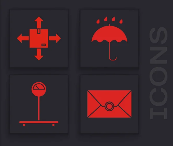 Set Enveloppe Boîte Carton Avec Symbole Circulation Parapluie Gouttes Pluie — Image vectorielle