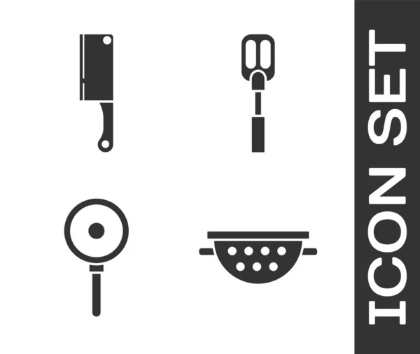 设置厨房菜刀 肉切碎 煎锅和斯帕图拉图标 — 图库矢量图片
