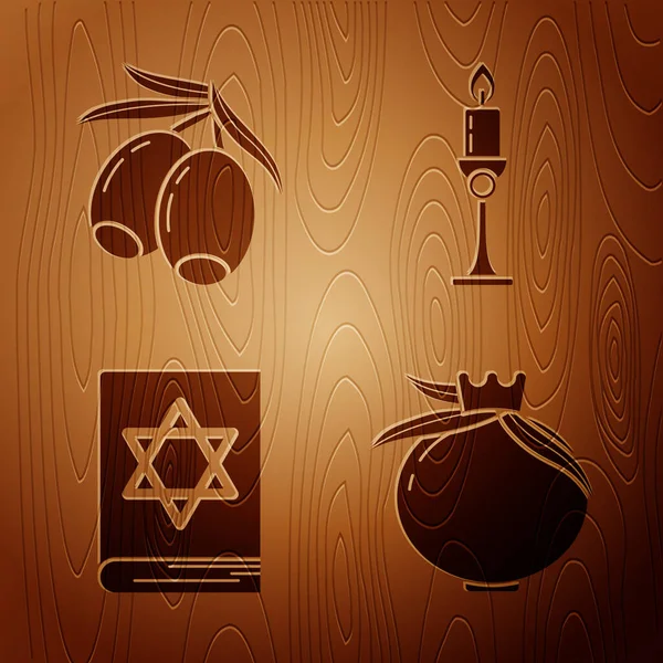 Set Granatapfel Olivenzweig Jüdisches Thora Buch Und Brennende Kerze Kerzenständer — Stockvektor