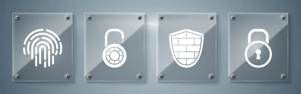 Set Lock Escudo Com Parede Tijolo Segurança Cibernética Roda Bloqueio — Vetor de Stock