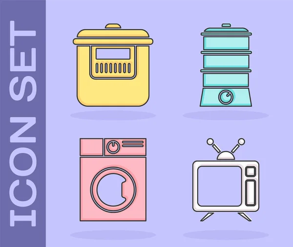 Set Télévision Cuisinière Lente Laveuse Double Icône Chaudière Vecteur — Image vectorielle