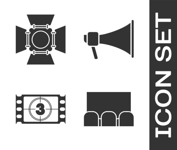 Nastavit Hlediště Kina Obrazovkou Sedadly Filmové Reflektory Přehrát Video Megaphone — Stockový vektor