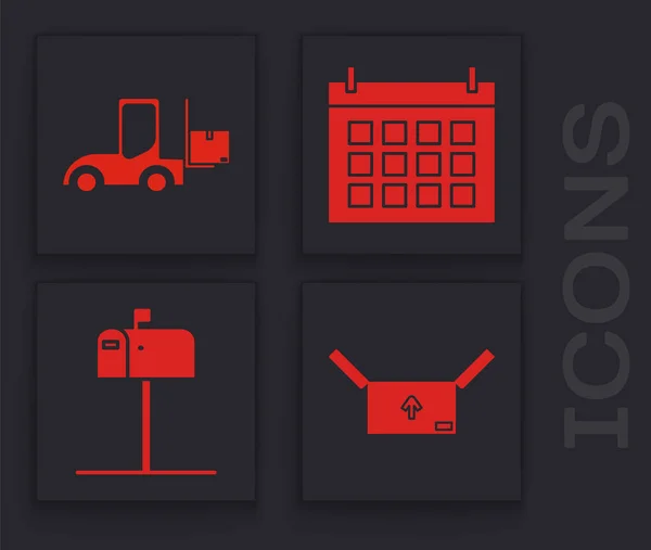 Set Cardboard box with traffic symbol , Forklift truck , Calendar  and Open mail box  icon. Vector