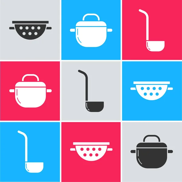 Set Kitchen Colander Cooking Pot Kitchen Ladle Icon Вектор — стоковый вектор