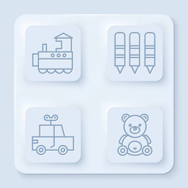 设定线玩具火车 蜡笔画 玩具汽车和玩具熊毛绒玩具 白色正方形按钮 — 图库矢量图片