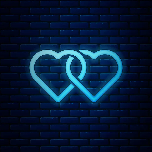 Leuchtende Neon Two Linked Hearts Symbol Isoliert Auf Backsteinwand Hintergrund — Stockvektor