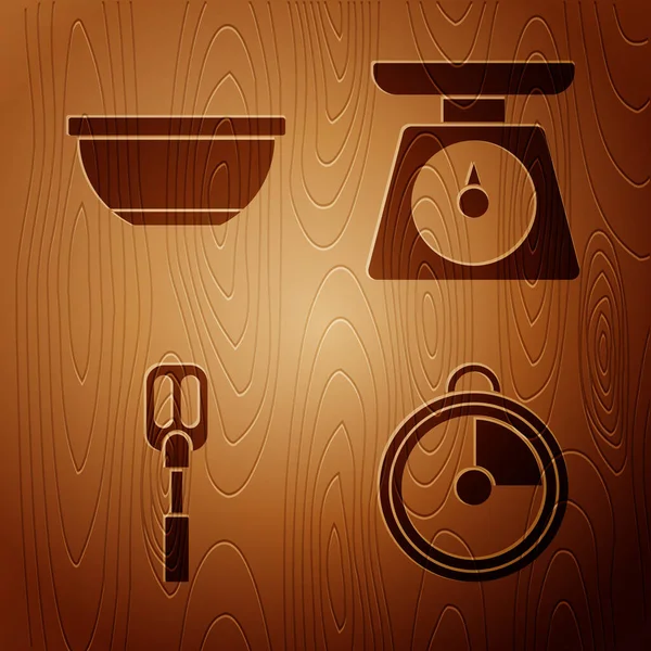 Set Kitchen Timer Bowl Spatula Scales Wooden Background Вектор — стоковый вектор