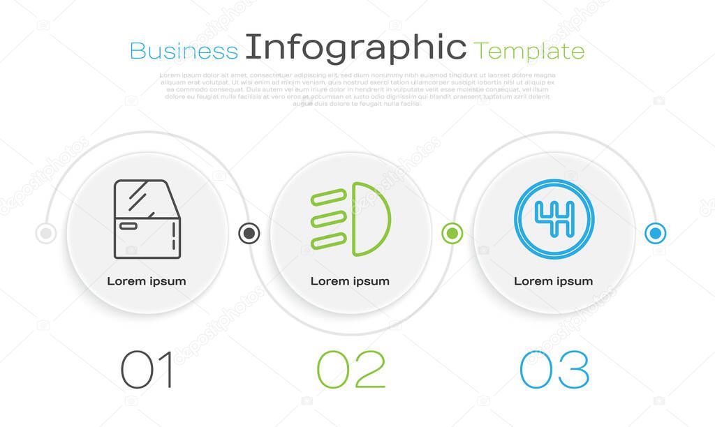 Set line Car door, High beam and Gear shifter. Business infographic template. Vector