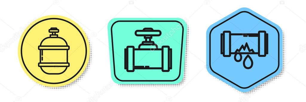 Set line Propane gas tank, Industry metallic pipes and valve and Broken metal pipe with leaking water. Colored shapes. Vector