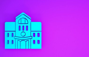 Mavi Okul binası simgesi mor arkaplanda izole edilmiş. Minimalizm kavramı. 3d illüstrasyon 3d canlandırma