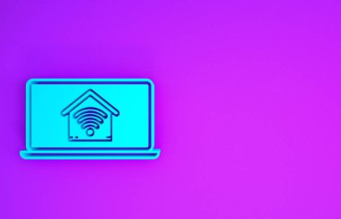 Mor arkaplanda kablosuz ağ ikonu olan akıllı eve sahip mavi dizüstü bilgisayar. Uzaktan kumanda. Minimalizm kavramı. 3d illüstrasyon 3d canlandırma