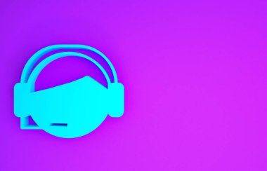 Mor arka planda izole edilmiş kulaklık simgesi olan mavi adam. Destek operatörü hatta. Çağrı merkezi konsepti, müşteri destek servisi. Minimalizm kavramı. 3d illüstrasyon 3d canlandırma
