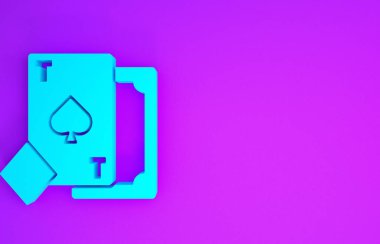 Mor arkaplanda izole edilmiş maça sembollü Mavi Oyun kartı. Kumarhane kumarı. Minimalizm kavramı. 3d illüstrasyon 3d canlandırma