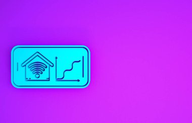 Mor arka planda kablosuz ağ ikonu olan akıllı bir evi olan mavi cep telefonu. Uzaktan kumanda. Minimalizm kavramı. 3d illüstrasyon 3d canlandırma