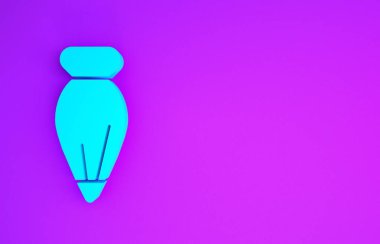 Mor arka planda izole edilmiş krema ikonlu kekler için mavi pasta torbası. Mutfak gereçleri ve aletler. Minimalizm kavramı. 3d illüstrasyon 3B canlandırma