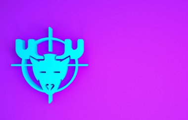 Mavi Av, mor arka planda izole edilmiş hedef simgesi olan geyik avında. Geyik ve hedefli av kulübü logosu. Tüfek merceği bir geyiği hedef alıyor. Minimalizm kavramı. 3d illüstrasyon 3d canlandırma