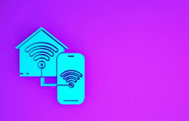 Mor arka planda kablosuz ağ ikonu olan Blue Smart evi. Uzaktan kumanda. Minimalizm kavramı. 3d illüstrasyon 3d canlandırma