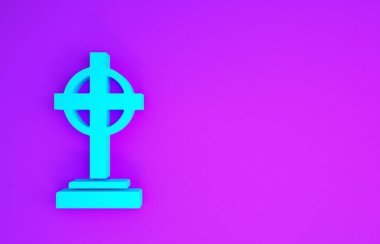 Mor arka planda çapraz simgesi olan Mavi Tombstone. Mezar ikonu. Minimalizm kavramı. 3d illüstrasyon 3d canlandırma