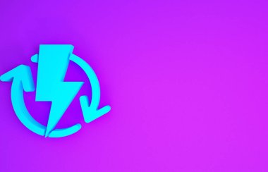 Mor arkaplanda mavi şarj simgesi izole edildi. Elektrik enerjisi işareti. Minimalizm kavramı. 3d illüstrasyon 3d canlandırma