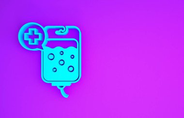 Mor arkaplanda mavi serum torbası simgesi var. Kan torbası ikonu. Kan bağışı konsepti. Tedavi ve terapi kavramı, kemoterapi. Minimalizm kavramı. 3d illüstrasyon 3d canlandırma