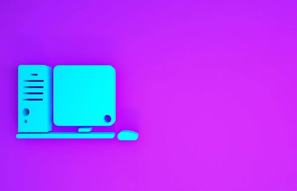 Blauer Computermonitor Mit Tastatur Und Maussymbol Isoliert Auf Violettem Hintergrund — Stockfoto
