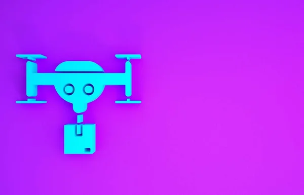 Blaue Lieferdrohne Mit Dem Paketsymbol Auf Violettem Hintergrund Drohne Liefert — Stockfoto