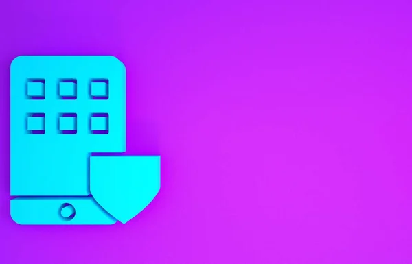 青紫色の背景に隔離されたシールドアイコンを持つ携帯電話 スマートフォン保険 セキュリティ 安全性 保護の概念 最小限の概念 3Dイラスト3Dレンダリング — ストック写真