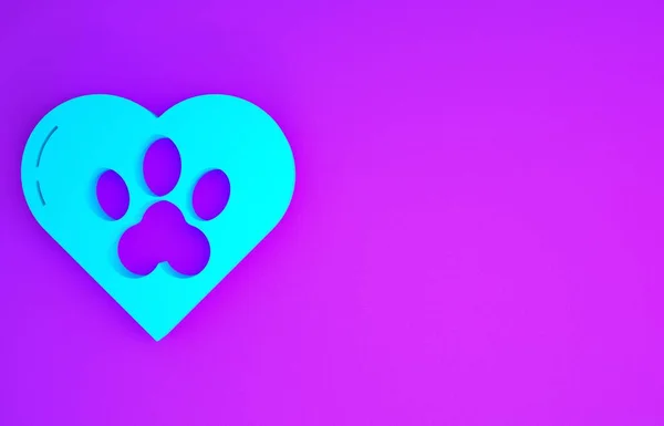 Blue Heart with animals footprint icon isolated on purple background. Pet paw in heart. Love to the animals. Minimalism concept. 3d illustration 3D render