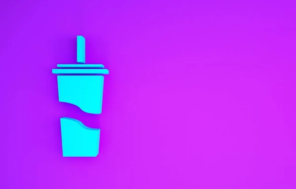 蓝纸玻璃杯 酒草和水图标隔离在紫色背景 苏打水 新鲜冷饮的象征 最低纲领的概念 3D渲染3D插图 — 图库照片