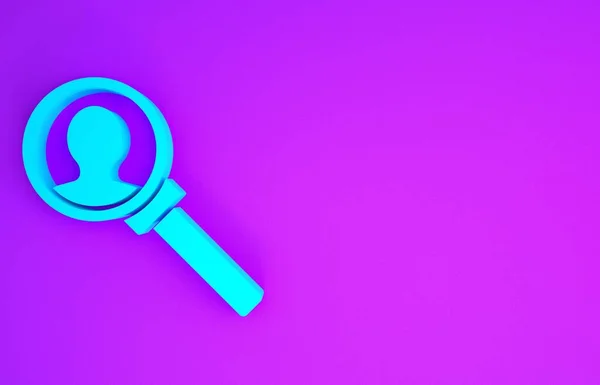 蓝色放大镜的搜索图标孤立在紫色背景 征聘或甄选概念 寻找员工和工作 最低纲领的概念 3D说明3D — 图库照片