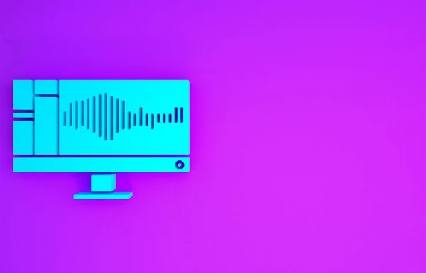 Blue Sound or audio recorder or editor software on computer monitor icon isolated on purple background. Minimalism concept. 3d illustration 3D render