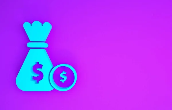 Блакитна Сумка Значок Монети Ізольовані Фіолетовому Фоні Символ Долара Або — стокове фото