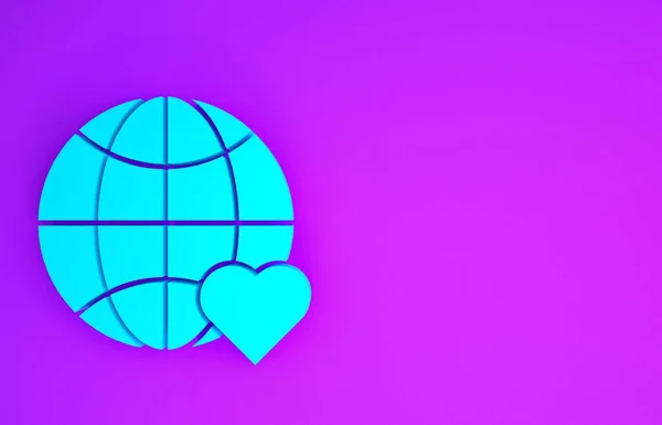 Blue The heart world - love icon isolated on purple background. Minimalism concept. 3d illustration 3D render