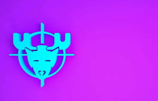 在麋鹿上的蓝色猎捕 带有深紫色背景隔离的十字图标 猎取带有麋鹿和目标的俱乐部标志 瞄准麋鹿的来复枪镜头最低纲领的概念 3D说明3D — 图库照片
