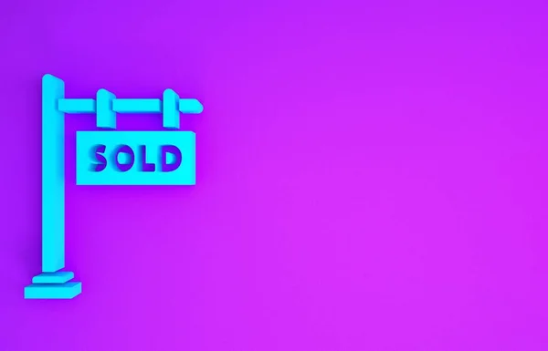 Blue Hanging sign with text Sold icon isolated on purple background. Sold sticker. Sold signboard. Minimalism concept. 3d illustration 3D render