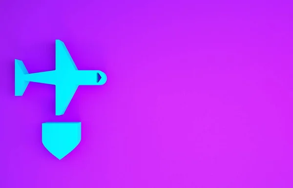 Голубая Плоскость Значком Поля Выделенным Фиолетовом Фоне Летит Самолет Страховка — стоковое фото