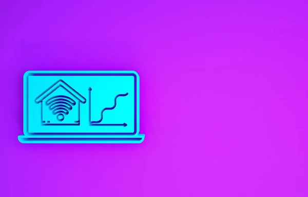 Blauer Laptop Mit Smart Home Mit Wlan Symbol Auf Violettem — Stockfoto