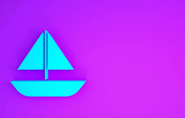 蓝色游艇或帆船图标隔离在紫色背景 游艇海上游轮旅行 最低纲领的概念 3D说明3D — 图库照片