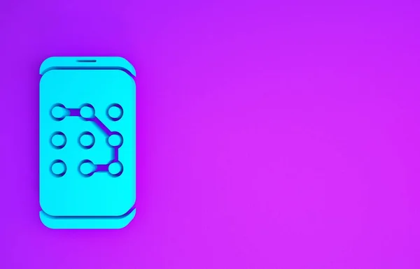 青の携帯電話と紫の背景に隔離されたグラフィックパスワード保護アイコン セキュリティ 安全性 個人アクセス ユーザー承認 最小限の概念 3Dイラスト3Dレンダリング — ストック写真