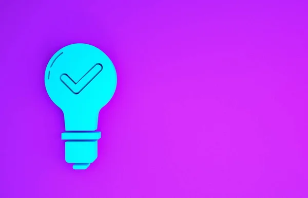 Blaue Glühbirne Und Häkchen Symbol Isoliert Auf Violettem Hintergrund Konzept — Stockfoto