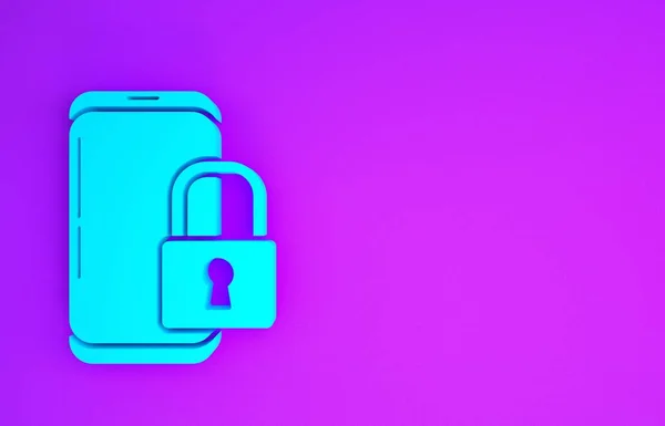 紫色の背景に隔離された閉じた南京錠のアイコンと青のスマートフォン 鍵をかけた電話だ モバイルセキュリティ 安全性 保護コンセプト 最小限の概念 3Dイラスト3Dレンダリング — ストック写真