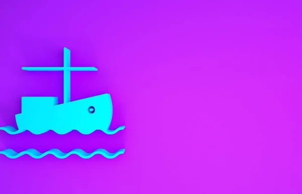 紫色の背景に隔離された水のアイコン上の青い漁船 最小限の概念 3Dイラスト3Dレンダリング — ストック写真