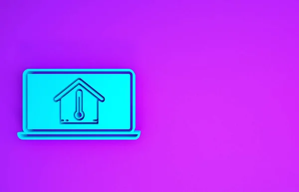 Blue Laptop House Temperature Icon Isolated Purple Background Thermometer Icon — Stock Photo, Image