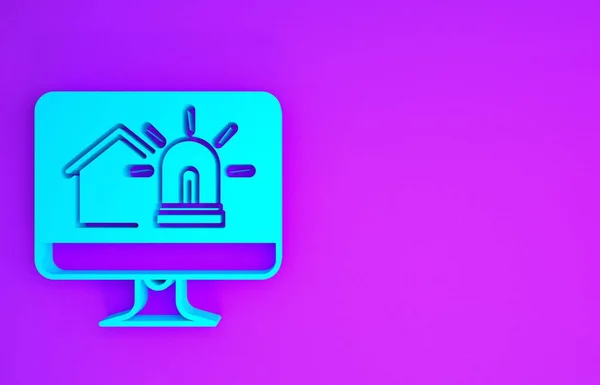 Blue Computer Monitor Smart House Alarm Icon Isolated Purple Background — 스톡 사진