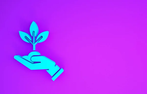Blue Plant in hand of environmental protection icon isolated on purple background. Seed and seedling. Planting sapling. Ecology concept. Minimalism concept. 3d illustration 3D render
