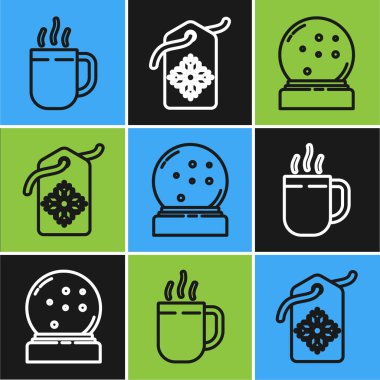 Sıralı kahve fincanı, kar yağan Noel kar küresi ve yazıtlı Price etiketi. Vektör